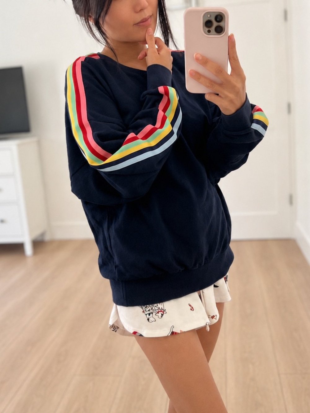 H&M Navy Pullover Sweatshirt with Rainbow Sleeve Stripes